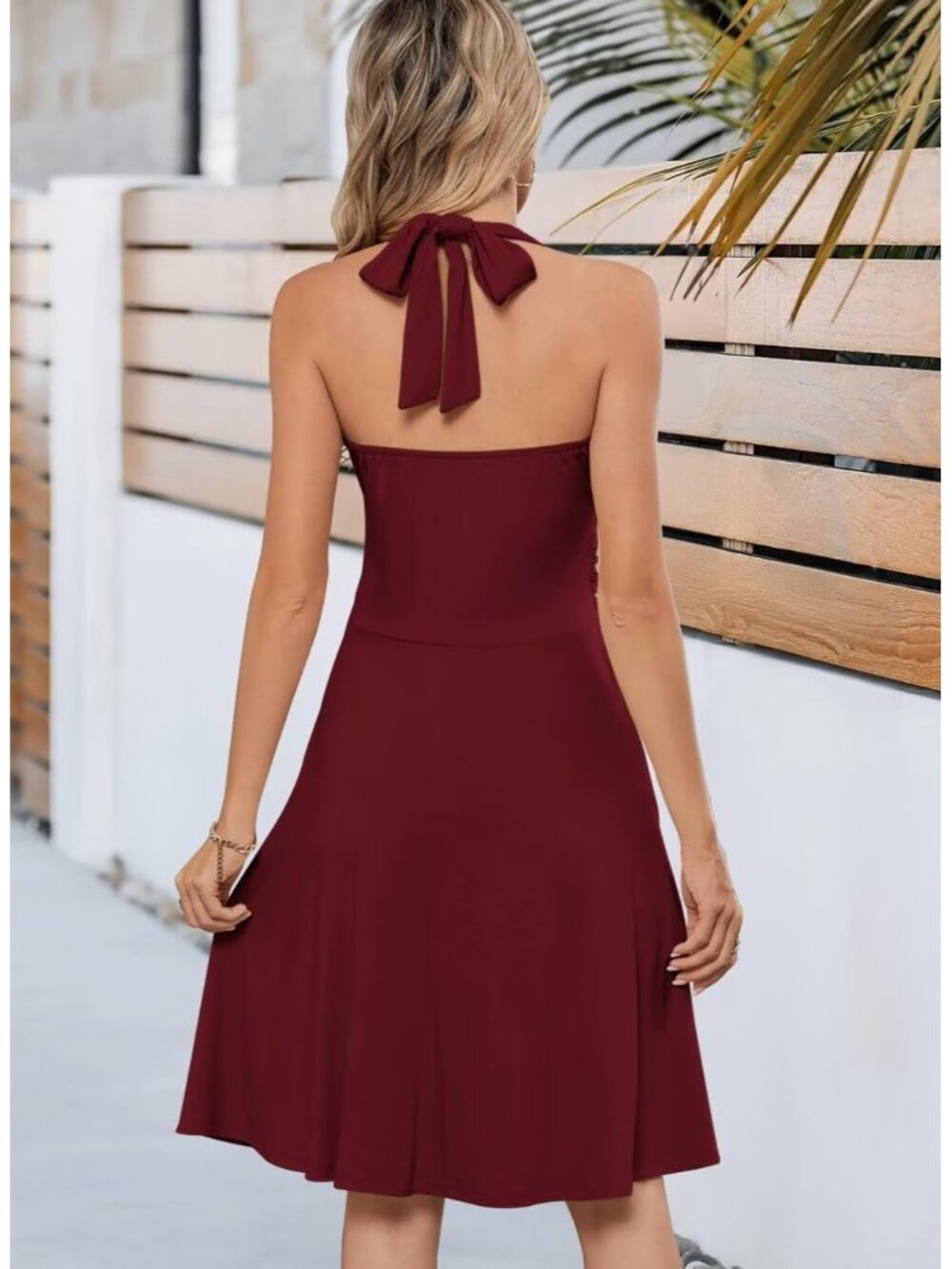 Women's Wine Red Sundress Summer Sleeveless Halter Neck Casual Beach Dress - Picture 6 of 6